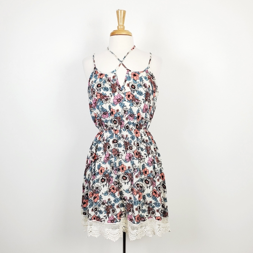 Wild Daisy Sleeveless‎ Floral Sundress Womens Size L Crochet Hem Elastic Waist